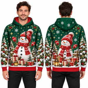 Men's Christmas Hoodie Red Green Knitted Pullover With Reindeer Tree Pattern Pocket Casual Winter Sweatshirt - Product Image 3