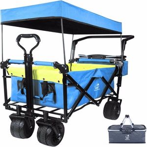 Carrello da Campeggio Pieghevole con Grandi Ruote Tutto-Terreno e Freno, Maniglie Regolabili, Tettuccio Rimovibile e Borsa Termica Verde Blu - Product Image 1