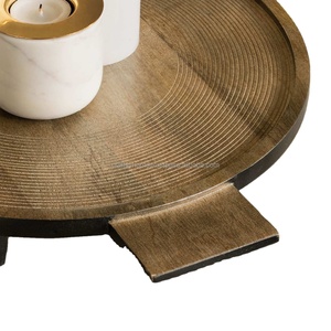 High Quality Custom Acacia Wood and Brass Handle Round Food Serving <b>Tray</b> With Handles for Table Decoration - Product Image 6