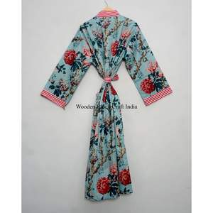 Kimono artisanal 100% coton indien, motif floral bohème, ceinture à nouer, poches, imprimé sérigraphié, robe longue décontractée - Product Image 5