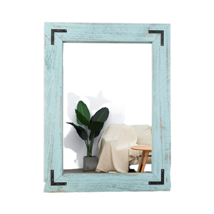 Rustic Distressed Blue Wooden Wall <b>Mirror</b> with Metal <b>Corner</b> <b>Brackets</b> Farmhouse Vintage Home Decor - Product Image 1