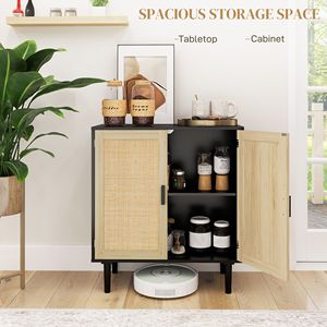 Modern Bohemian <b>Sideboard</b> 31.5\" Wood Buffet Cabinet with 2 Rattan Doors and Shelves Black for Living Room Hallway - Product Image 4