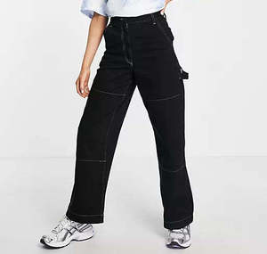 Pantalon cargo taille haute pour femmes grandes tailles, noir, coupe ample, longueur intégrale, coton, style décontracté avec poches, vêtements d'automne - Product Image 5