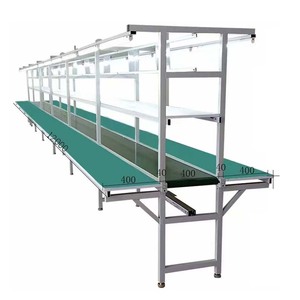 Ligne d'assemblage à convoyeur en alliage d'aluminium avec éclairage LED et banc de travail, longueur 12000 mm, bande verte, pour salle blanche - Product Image 1