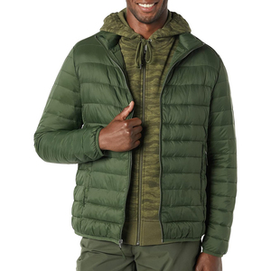 Mens Lightweight Insulated <b>Packable</b> Puffer <b>Jacket</b> with Full Zip Front and Stand Collar in Olive Green for Cold Weather Comfort - Product Image 3