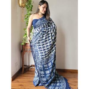 DISEÑADOR DE LINO SEDA ESTAMPADO DIGITAL TRABAJO SAREE CON BLUSA SIN COSTAR AZUL MARINO - Product Image 1