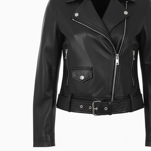 Chaqueta de cuero negra para mujer al por mayor, estilo motero, ajustada, con cremallera, solapa y cinturón, abrigo personalizado con logo para primavera y otoño - Product Image 5