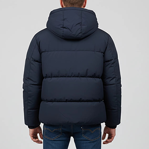 <b>Men</b> Custom Logo Navy Blue Hooded Puffer <b>Jacket</b> Winter Thermal Bubble Coat Premium Insulated Casual Outdoor Outerwear - Product Image 2