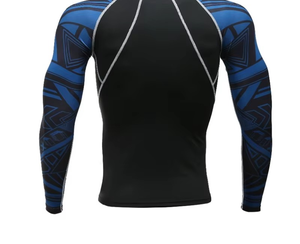 Chemise de compression pour homme à manches longues, noire et bleue, imprimé géométrique, séchage rapide, en spandex et polyester - Product Image 2