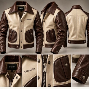<b>Men</b> Brown Beige Leather Turn-down Collar Zipper <b>Jacket</b> <b>Racing</b> Biker <b>Jacket</b> Custom Leather Riding <b>Jacket</b> Wholesale Manufacture - Product Image 3
