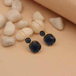 Pendientes Colgantes Geométricos de Iolita, Bañados en Oro, con Engaste de Bisel, Piedra Azul Marino, Joyería Moderna - Product Image 2