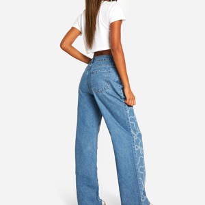 Pantalones vaqueros acampanados de cintura alta con estampado y rotos para mujer, personalizados con bordado, vaqueros holgados transpirables para mujer - Product Image 5
