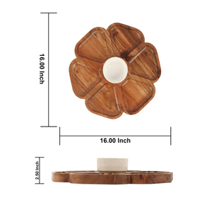 Plateau de service de luxe en bois en forme de fleur avec compartiments et bol central en métal blanc pour snacks, fruits secs et noix à la maison - Product Image 3