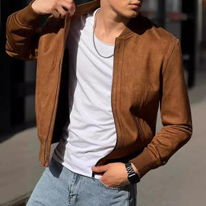 Autumn Suede Solid Color <b>Men's</b> Stand Collar Zipper Jacket Casual Retro Long-Sleeved Raised Rubber Print <b>Cardigan</b> for <b>Men</b> - Product Image 3