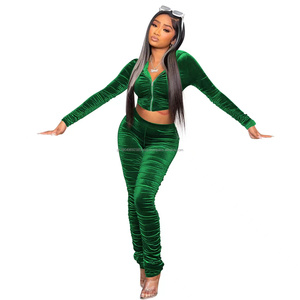 Fashion Trend Zipper <b>Velour</b> <b>Tracksuit</b> Custom logo Hoodie and Sweatshirt for Women - Product Image 2