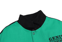 Blouson de course vintage personnalisé OEM pour homme, noir et vert, avec blocs de couleur, imprimé graphique Anime Girl, patchs brodés, style motard et universitaire