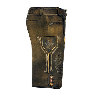Costume traditionnel bavarois pour homme, pantalon en cuir de vachette brun foncé avec ceinture assortie - Product Image 3