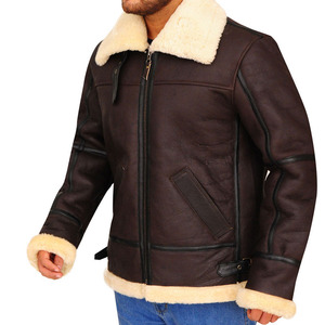 Blouson aviateur en cuir véritable pour homme avec doublure en fausse fourrure, chaud pour l'hiver, style moto, fermeture éclair, coupe classique - Product Image 4