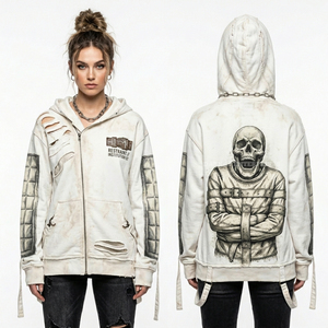 Sudadera con capucha vintage blanca desgastada con cremallera, gráfico personalizado, estampado de calavera, mangas con patchwork, estilo streetwear, fabricantes - Product Image 1