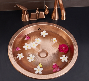 Évier de cuisine rond en cuivre fait main avec finition martelée polie, à poser sur le comptoir, design rustique, à cuve unique - Product Image 3