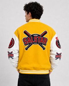 แจ็คเก็ตเบสบอลแบบ Varsity สีเหลืองขาวสั่งทำพิเศษ พรีเมียม ทำจากผ้าขนสัตว์ พร้อมป้ายปัก  ผู้ผลิตแบบ OEM/ODM - Product Image 2