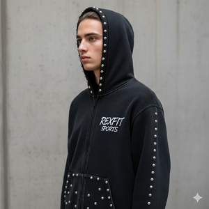 Sudadera con capucha REXFIT personalizada con bordado, lavado ácido, pedrería, efecto desgastado, descolorida por el sol, holgada con cremallera para hombre - Product Image 5