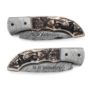 Cuchillo Plegable de Acero de Damasco de Grado Industrial Personalizado - Mango de Hueso de Camello con Grabado Láser - Cadena de Fenrir 19cm de Largo - Ideal para Camping - Product Image 6