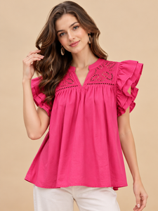 Chemise bohème rose pour femmes avec manches à volants, col en V, coupe ample, en coton, pour le printemps et l'été, vêtements décontractés - Product Image 1