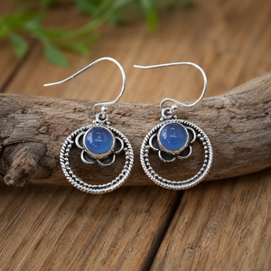 Pendientes colgantes de calcedonia azul natural con forma de loto, plata de ley 925, hechos a mano, estilo bohemio, con gemas, para mujer, joyería para madres. - Product Image 1