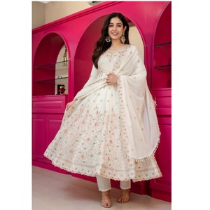 Ensemble Anarkali Sharara brodé blanc crème avec dupatta, fourni directement par l'usine, tenue de mariage indienne traditionnelle pour femmes - Product Image 1