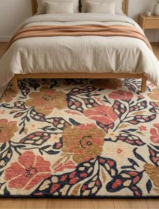Alfombra de Lana Premium Hecha a Mano en India, Color Rosa Marfil y Azul Marino, con Diseño Floral y Botánico para Sala de Estar - Product Image 2