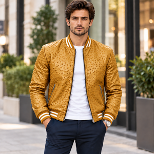 Wholesale <b>Yellow</b> Textured Bomber <b>Jacket</b> for <b>Men</b> Custom Color Private Label OEM Leather Outerwear - Product Image 1