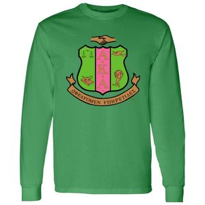 T-shirt vert à manches longues avec imprimé graphique de lettres grecques, col rond, haut décontracté tendance, vêtement streetwear, tenue de tous les jours - Product Image 1