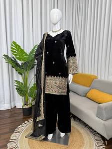 Conjunto de Salwar Kameez de Terciopelo Negro Bordado, Traje de Kurta Pajama para Mujer, Estilo Pakistaní e Indio, para Bodas y Fiestas - Product Image 4