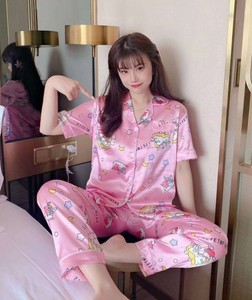 Women's Short Sleeve Pajama Set Cotton Letter Print Casual Sleepwear Summer Full Length <b>Turn</b>-down Collar Button Fly - Product Image 3