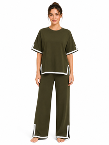 Ensemble coordonné vert olive pour femmes, t-shirt ample de qualité supérieure et pantalon large assorti, tenue décontractée élégante pour la nuit - Product Image 1