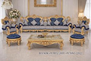 Juego de sofás de lujo estilo maharajá, estilo clásico victoriano estadounidense con hojas de oro, sofá de 7 plazas, muebles de sala de estar de madera de teca, venta en el Reino Unido. - Product Image 6