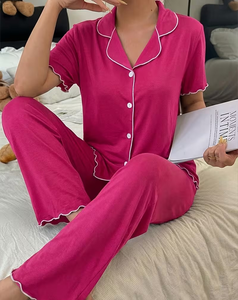 Women Pink Knitted Breathable Jersey Pajama Set Short Sleeve Button Front V-neck Solid Color Sleepwear Two Piece Casual Homewear - Product Image 5