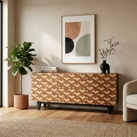 Buffet moderne en bois massif, design cube géométrique 3D, avec 2 portes et 2 tiroirs, base noire, meuble TV/console multimédia, mobilier de maison