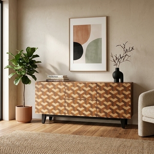 Aparador Moderno de Madera Maciza con Diseño Geométrico 3D en Forma de Cubo, Gabinete de 2 Puertas y 2 Cajones, Base Negra, Mueble para TV y Multimedia - Product Image 5