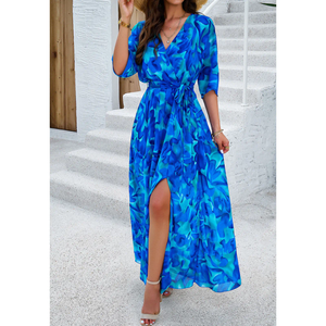 Robe longue en mousseline à imprimé floral, col en V, style cache-cœur, avec fente latérale, manches trois quarts, coupe ample, romantique, pour femme, idéale pour l'été - Product Image 4