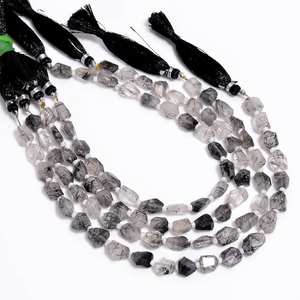 Cuentas de piedra natural de rutilo negro facetadas en forma de pepita de 6x8 mm, color negro, perforadas en el centro, para la fabricación de joyería al por mayor. - Product Image 5