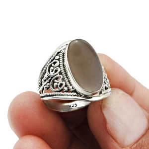 Bague bohème populaire en argent sterling 925 plaqué argent antique avec pierre précieuse en quartz fumé, grande taille ovale sertie en clos - Product Image 4