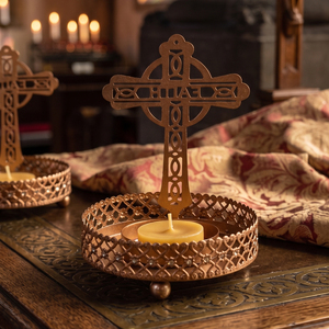 Celtic Cross Shadow Tea Light Holder Metal Religious Gold Candle Stand For Prayer <b>Memorial</b> Decoration And Spiritual Gifting - Product Image 5