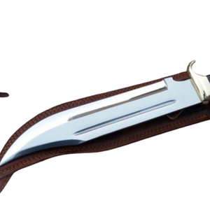 Cuchillo Bowie Hecho a Mano con Hoja Curva de Acero Plateado, Mango Negro Marrón, Guardacuchillo de Latón y Funda de Cuero, Personalizado para Caza y Actividades al Aire Libre - Product Image 3