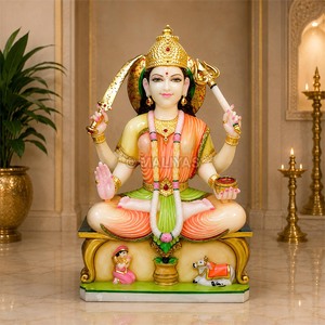 Estatua de Santoshi Mata de mármol hecha a mano con cuatro brazos, corona dorada, mudra de bendición y trono ornamentado – Maliyas - Product Image 1