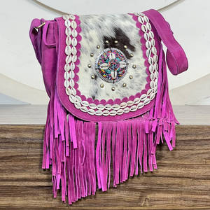 Bolso Bandolera de Piel Vacuna con Flecos, Lujoso y a la Moda, para Mujer, de Alta Calidad, en Gamuza Rosa Genuina - Product Image 4