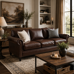 Canapé Chesterfield vintage de luxe en cuir marron, canapé classique 3 places avec garniture à clous pour salon ou bureau - Product Image 1