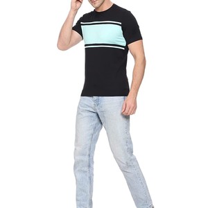 Camiseta de Manga Corta con Cuello Redondo Negra para Hombre con Bloques de Color a Rayas Verde Menta, Tejido Casual, Corte Regular, Fabricación OEM ODM - Product Image 6