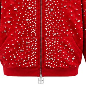 Sudadera con capucha roja brillante con cremallera, chaqueta estilo streetwear con cristales, sudadera informal con capucha de manga larga y bolsillos - Product Image 5